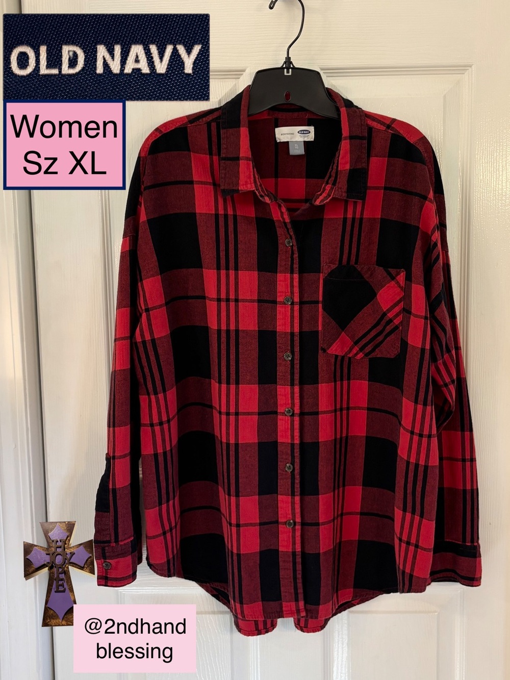 Old Navy Boyfriend Flannel Shirt Women XL Lumber Jack Red Black Plaid 100 Cotton